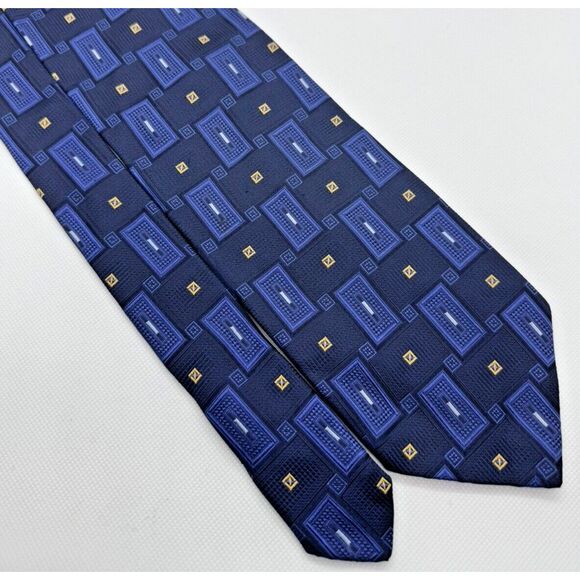 Roberto Villini Couture Silk Necktie Men Italian Blue Jacquard‎ Geo 3.5"Wx59"L - Picture 3 of 6